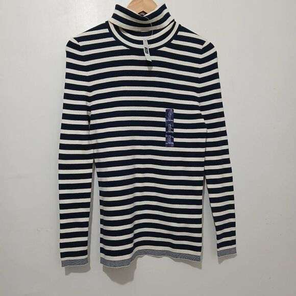 Gap womens large classic stripe turtleneck sweater blue white cotton nylon - Picture 3 of 7